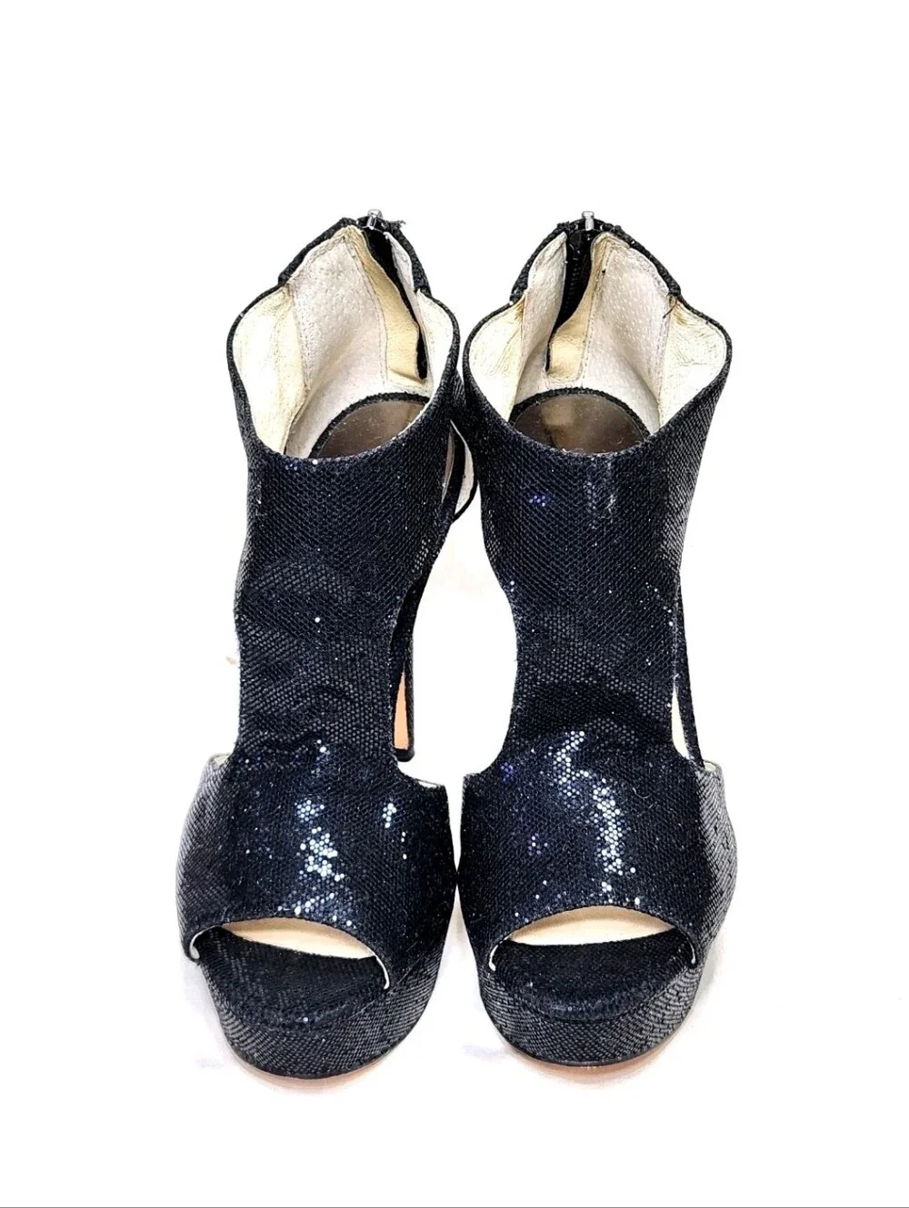 MICHAEL KORS Sparkle Platform Heels Sz 7 Black Ankle T-Strap Cut-Out Back Zip